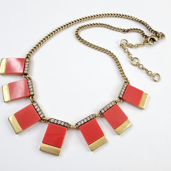 J. Crew art deco statement necklace with red orange pop color - Picture 4 of 6